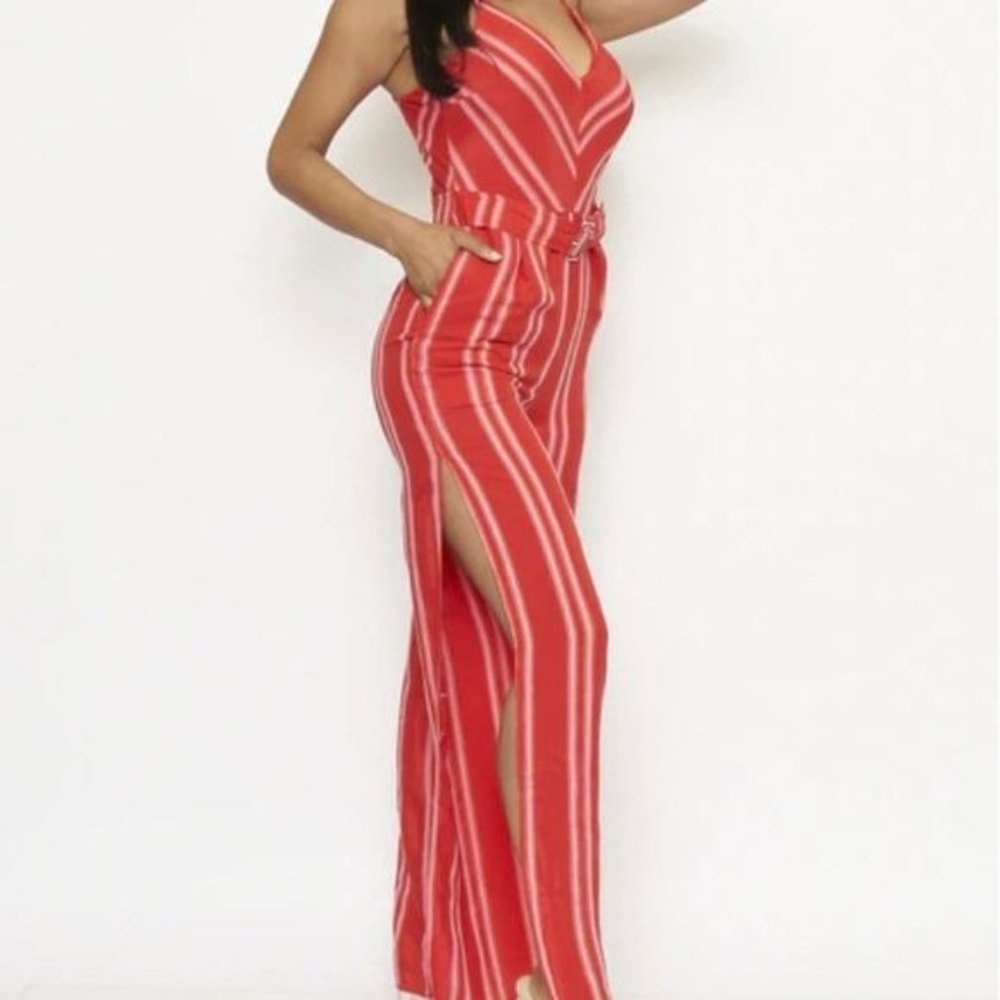 Red Striped Open Leg Jumpsuit